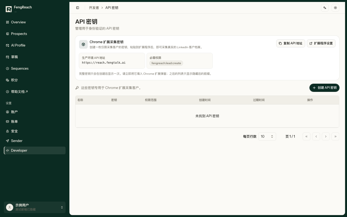 API Key 页面会说明扩展需要的权限。新建密钥后只显示一次,请直接保存到扩展,不要发到聊天或文档。