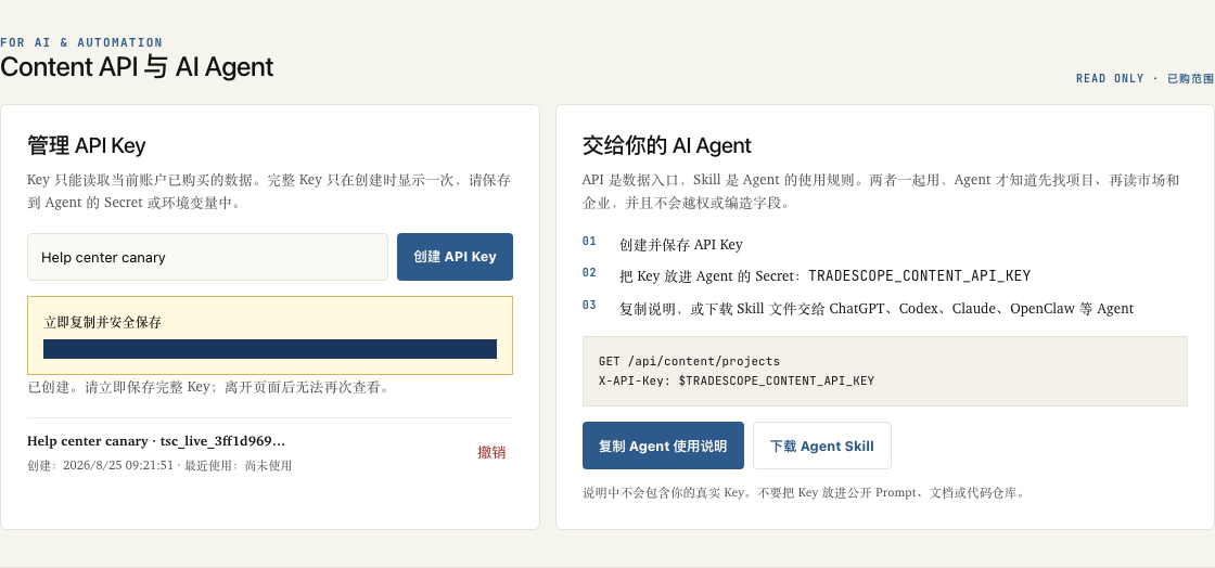 创建成功后,页面会提醒立即保存完整 Key。图中完整 Key 已强制遮罩,只保留不可用于认证的前缀。